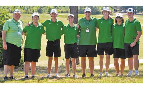 The Franklin County High School boys' golf team of (from left) Assistant Coach Todd Voyles, Gabe Hiland, Hunter Mosely, Rhett Floyd, Head Coach Clay Moore, Owen Carey, Nathan Davitt and D.J. Seymour finished 10th in the state tournament earlier this week. (Photo courtesy of Kenny Floyd)