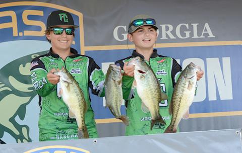 Brody Kellum and Carson Thompson took second place in the Georgia Bass Nation High School Junior state championship on Lake Hartwell last week after winning the tour’s Angler of the Year honor. (Photo by Scoggins)