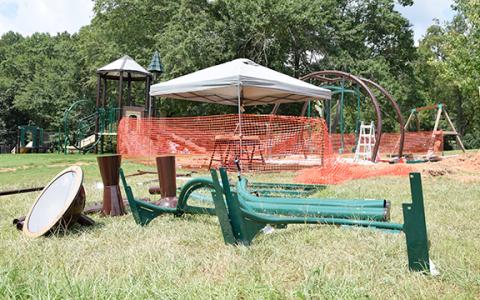 Workers continue to install new accessible playground equipment at Lavonia Memorial Park. (Photo by Sinclair)