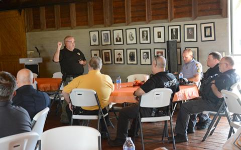Homeland Security Agent David Shanks led a discussion among Franklin County Sheriff’s Office personnel, including school resource officers, Georgia State Patrol, Franklin County EMS, Franklin County Emergency Management and dispatch about a plan to respond to a school shooting. (Photo by Scoggins)