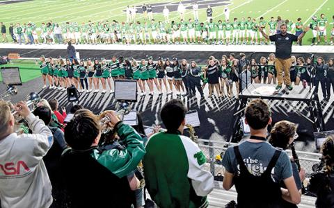 Franklin County players, cheerleaders and band members gather for the final time in the 2022 football season for the playing of the Alma Mater. (Photo by Scoggins)