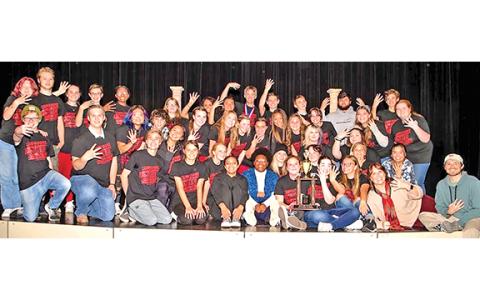 The cast and crew of the Franklin County High School One Act Play production of “Sweeney Todd, School Edition” celebrate their fourth consecutive Region 8AAA championship Saturday in the Telford Center for the Fine and Performing Arts. (Photo courtesy of Blake Rackley)