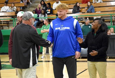 Former Franklin County Lion Keylan “Red” Rutledge received his state shot put championship ring in a ceremony Thursday in the Lion’s Den. Rutledge won the Class AAA state shot put title in May with a throw of 53’4” on his last attempt. The throw was 2’5” farther than Rutledge had ever thrown. Rutledge, who was also a standout football and basketball player for the Lions, is now a starting offensive lineman for Middle Tennessee State University, where he was named to the C-USA All-Freshman Team.
