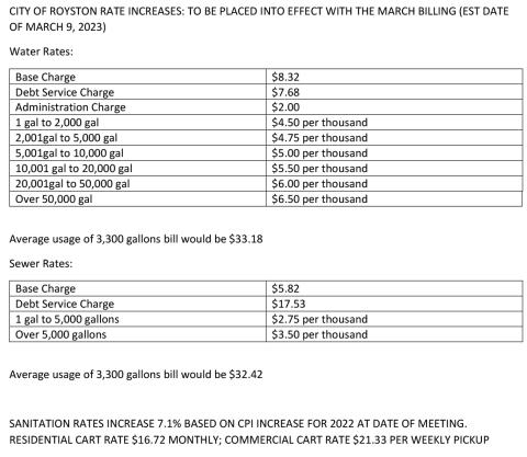 The Royston City Council settled Tuesday on a new water and sewer rate structure that will increase the cost of water for customers to help pay for improvements to the utility systems.