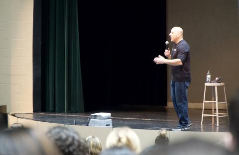 Speaker Kevin Hines told Franklin County High School students and parents Tuesday of his suicide attempt by jumping off the Golden Gate Bridge, how he has learned to deal with mental health issues and gave tips for those facing similar issues. (Photo by Raese)
