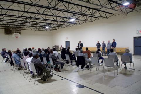 Mayor Courtney Umbehant and Lavonia City Council members Michael Schulman, Jeremy Madden, Eddie Floyd and Andrew Murphy led a town-hall forum last week at the Spring Street Gym about code enforcement and the future of the Spring Street Park. (Photo by Raese)