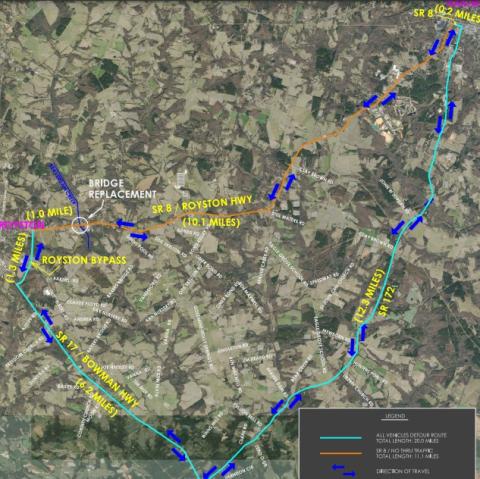 U.S. Highway 29 between Royston and Hartwell will be closed beginning Tueday as contractors work to replace the bridge over Beaverdam Creek.