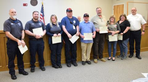 Franklin County emergency responders EMTs Jim Crisp, Teryn Mize and Tyler Lanier; First Responders Curtis Ream and Ricky Maddox of the Gumlog Fire Department; Franklin County Sheriff’s Deputy Mitch Murphy; and dispatchers Teresa Boudway and Donna Maisonett were recognized by EMS Director Terry Harris Tuesday for their life-saving efforts for a patient in September. (Photos by Scoggins)