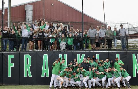 The Franklin County Lions baseball team celebrates with their fans after clinching a first-round state playoff series win Tuesday over Dawson County in the state playoffs. The Lions will be back in action Saturday against Adairsville. (Photo by Rylee Sosebee)