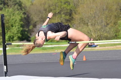 Kadyn Crowe won the high jump in Franklin County’s final home track meet last week at Ed Bryant Stadium. 