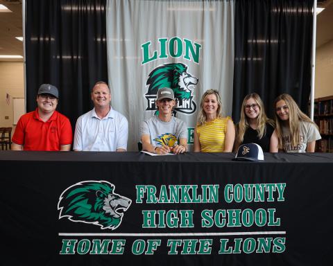 Will Wester (center) signed to continue his fishing career with the Emmanuel College Bass Fishing Team next year. Pictured are (from left) brother-in-law Will Freeman, father Eddie Wester, Will, mother Delina Wester, sister Jade Freeman and girlfriend Rylee Sosebee.