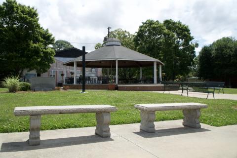 The Lavonia Downtown Development Authority has suggested eliminating the 12 four-foot benches and the hazardous concrete benches at the Gazebo downtown and replacing them with six eight-foot benches, two recycled plastic picnic tables, new trash containers and a bicycle parking area. (Photo by Raese)