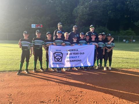 Members of the District 7 Champion 8-10 year old Franklin County Little League All Star team are Brooks McGee, Easton Jones, Knox Richardson, Caden Freeman, Aydan Threlkeld, Kysen Dove, Boston Kilgore, Rylen Haley, Max Westbrook, Tyson Fuller, Cason Pardue and Cooper Pardue. The team is coached by Kris Dove, Myca Richardson, Justin Freeman and Bruce McGee. (Photo courtesy of Franklin County Little League)
