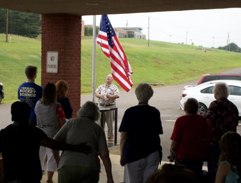 CARNESVILLE – A new U.S. flag is raised last week over the Franklin County Senior Center as part of Flag Day ceremonies. Royston Chapter 251 of WoodmenLife hosted a pair of Flag Day ceremonies June 14, one at the senior center and one at the former Carnesville Elementary School. 