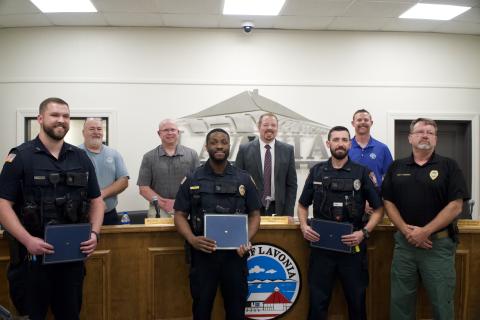 Three officers from the Lavonia Police Department were recognized Monday by the Lavonia City Council for their actions during a call April 29. 