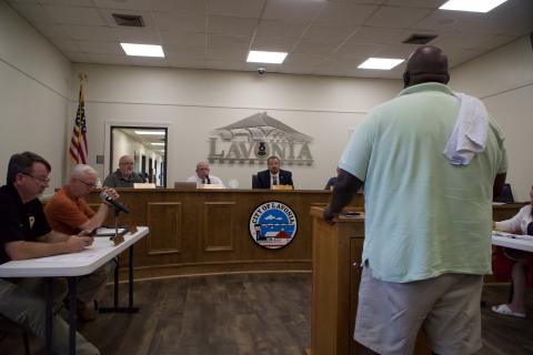 Mayor Courtney Umbehant, members of the Lavonia City Council and city officials responded Monday to questions and concerns about a permit denied by the Lavonia Police Department for a weekend block party and policing during the event. (Photo by Raese)