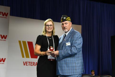 VFW National Middle School Teacher of the Year Susan Allgood (left) has joined the faculty at FCMS. She was presented her award in July by VFW Commander-In-Chief Tim Borland.