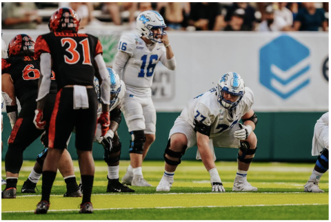 Keylan Rutledge (No. 77) has been named a permanent captain for 2023 for the Middle Tennessee State Blue Raiders. (Photo courtesy of Matt Posey of MTSU Athletic Communications)