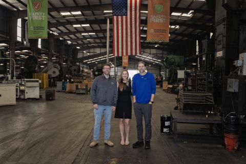 Tonya Powers of the Franklin County IBA (center) stands with Chase Watson and John White of Atlanta Rod in the company’s Lavonia plant. Atlanta Rod was recently honored by the State of Georgia and invited to a meeting at the White House in Washington, D.C.