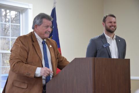 State Rep. Alan Powell (left) and State Sen. Bo Hatchett spoke Friday at the Franklin County Chamber of Commerce’s Policies and Pastries event.