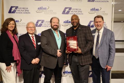 The City of Royston was recognized recently by the Georgia Municipal Association as a City of Civility. Pictured during the presentation are (from left) Young Harris Mayor Andrea Gibby, GMA President Randall Walker, Royston Council Member Tony McCollum, Royston Mayor Keith Turman and GMA CEO and Executive Director Larry Hanson.