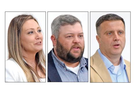 Candidates for chairman of the Franklin County Board of Commissioners – (from left) Courtney Long, Colt Hart and Nic McFarlin – took part in a candidates’ forum Saturday sponsored by the Franklin County Republican Party at Franklin County High School. Candidate Joe Greene could not attend due to being out of town for a family obligation.