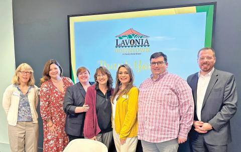 Celebrating the presentation of the City of Lavonia as an Accredited Main Street America are (from left) Kathy Papa of the Georgia Department of Community Affairs, Ellen Hill of Georgia Main Street, Jessica Worthington of the Downtown Development Georgia Main Street, Lavonia DDA Director Barbara Busby, Lavonia Main Street Director Ashley Rose Dodd, Lavonia DDA Chair the Rev. Dr. Hugh Hendrickson and Lavonia Mayor Courtney Umbehant.