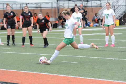 Lady Lion Haleigh Beard takes a penalty kick against Hart County Friday. Beard and the Lady Lions will play to keep their playoff hopes alive Tuesday against Stephens County at FCHS. (Photo by Benjamin London of The Hartwell Sun)