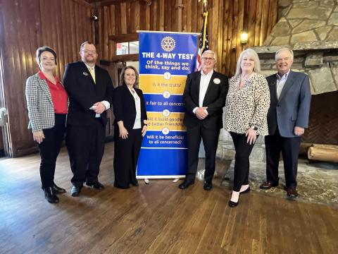 North Georgia Technical College student Christie Campbell and Adult Education Department instructor Randy Wood were recognized as the 2024 NGTC Adult Education student and instructor of the year at the recent Habersham Rotary meeting. Pictured are (from left) NGTC Vice President of Economic Development Leslie McFarlin,  Wood, Campbell, Rotary President Bradley Cook, NGTC Dean of Adult Education Shelby Ward and NGTC President John Wilkinson.