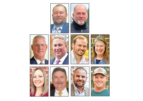 (Top row) Magistrate Judge Cody Grizzle won reelection Tuesday, while Jason Oliver won the Post 1 seat on the Franklin County Board of Education. A June 18 runoff will be needed in races for sheriff between Scott Andrews and Brian Stovall, commission chairman between Courtney Long and Joe Greene, Commission District 1 between Tyler Owenby and Wanda Thompson and Commission District 2 between Cory Pulliam and Sam Freeman.