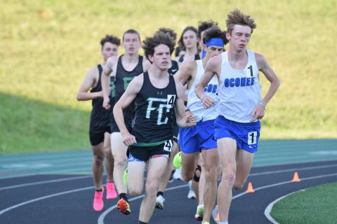 Lion Will Gipson runs just off the lead in the Region 8AAA 3,200 meter run last week at Jeff Davis Field at Ed Bryant Stadium. Gipson will be back on the track Saturday in the state sectional meet being hosted by FCHS. (Photos by Scoggins)