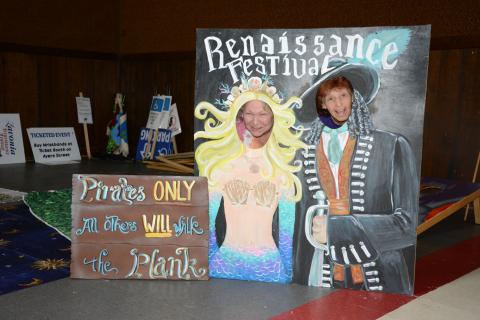 Linda Poss (left) and Vivian Young (right) have been working with others to build and paint decorations for Saturday’s Lavonia Renaissance Festival, which has a “PIrates and Mermaids” theme this year. (Photo by Eavenson)