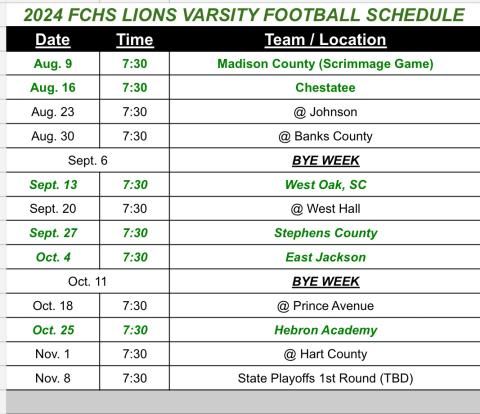 The Lions will begin its 2024 season with a scrimmage Aug. 9 against Madison County in Carnesville.