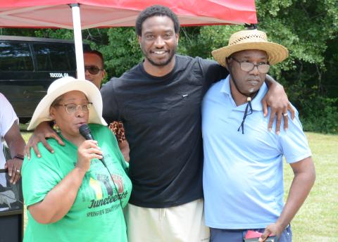 Lavonia Juneteenth celebration organizer Linda Barnes, speaker Demario “DayDay” Mayfield and honoree William Ware were among those taking part in the county’s inaugural commemoration of the newest federal holiday. (Photo by Eavenson)