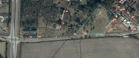 The City of  Royston is waiting to hear if Hart County commissioners will object to the annexation of property on Highway 29 (outlined in blue) just past the Royston bypass. (Photo from Hart County Tax Assessor’s website)