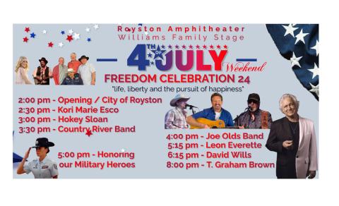 A full afternoon and evening of entertainment will be on stage Saturday at the City of Royston’s Freedom Celebration 24.  The free concert, being held in partnership with Georgia Legends Concert of Royston, will begin Saturday at 2 p.m. at the amphitheater at the Royston Wellness and Community Park. 