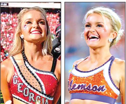 Baylie Jade Phillips has seen the Georgia-Clemson rivalry from both sides. Phillips attended Clemson and twirled with the school’s Tiger Band (right photo) before transferring to the University of Georgia and twirling for the Redcoat Band.