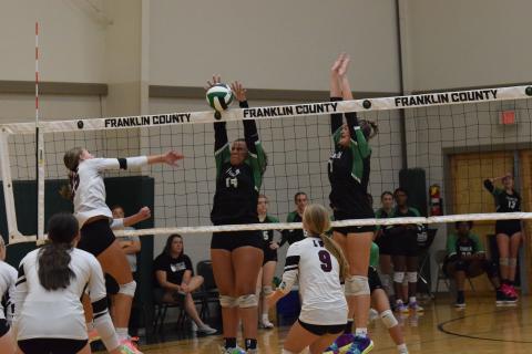 Franklin County Lady Lion Kallie Thrift goes up for a block in action against Chestatee Thursday at Rocky Ford Park. (Photo by Scoggins)