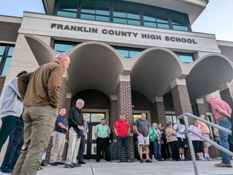 Community members, school officials, parents and students gathered at Franklin County High School – and the other schools in the county – Monday morning for a time of prayer for protection of the schools after campuses were closed Friday following an unfounded threat in the wake of a school shooting in Barrow County. (Photo by Angela Scoggins)