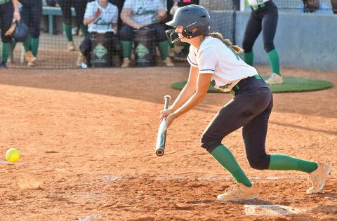 Senior Macy Moore lays down a bunt in a game earlier this season for the Lady Lions’ softball team.