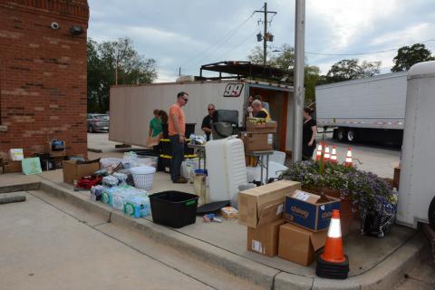 The parking lot of the Lavonia Police Department filling up with trailers loaded down with donated supplies that will be taken today to Avery County, N.C. (Photo by Eavenson)