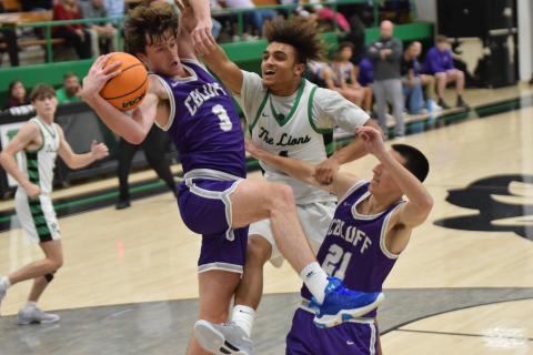Nava Ware (right) battles two Cherokee Bluff Bears for a rebound. (Photos by Scoggins)