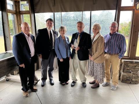 Attending the presentation of the Pioneer in Education Award to Gary Minyard in Cleveland were (from left) Gary Farmer, Franklin County School System Technology Director Dr. Andrew Fowler, Superintendent Melanie Burton-Brown, Minyard, wife Libby  and school board member Kent Hall.