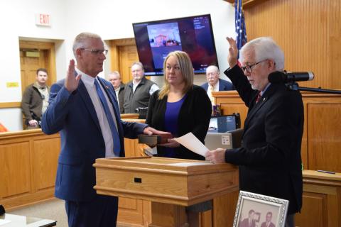 Franklin County Sheriff-elect Scott Andrews (left) was sworn in to the post in a ceremony Friday at the Franklin County Courthouse.