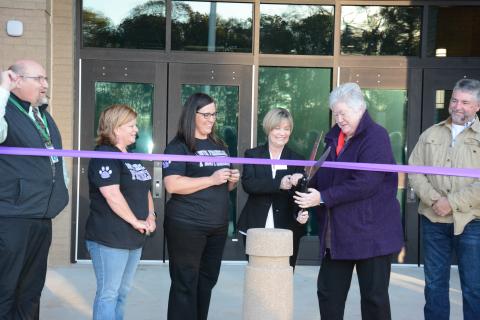 South Franklin Elementary School Assistant Principal Natalie Erskine (from left) and Principal Jamie Hammock look on as Franklin County Schools Superintendent Melanie Burton-Brown and Board of Education Chair Robin Cato cut the ribbon on the new school Thursday just south of Carnesville. (Photo by Eavenson)