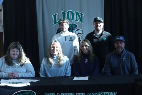 Haleigh Beard signed a soccer scholarship to play for Toccoa Falls College next year. Pictured at the ceremony Thursday at FCHS are (front, from left) sister Haven Beard, mom Melissa Beard, Haleigh, dad Ryan Beard, (back) Assistant Coach Chandler Childs and Head Coach Conner Irvin. (Photo courtesy of Franklin County High School)