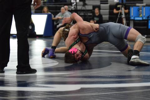 Lion Zane Puff works to turn a Union County opponent during the Area 8AA Duals Tournament. (Photo by Scoggins)
