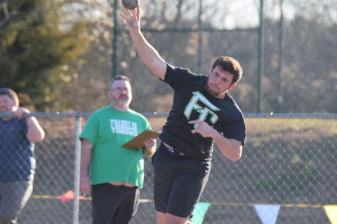 Knite Forster throws a shot during the Franklin County Season Opener meet last week at Jeff Davis Field at Ed Bryant Stadium. (Photo by Scoggins)