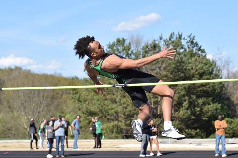 Franklin County senior Nevaehan Ware participates in the high jump Tuesday at the Franklin County Senior Night meet at Jeff Davis Field at Ed Bryant Stadium. Ware won the event with a height of 6’. (Photo by Scoggins)