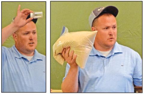 Franklin Springs wastewater operator Brandon Fitzgerald holds up a small vial (left photo) to show the amount of pollution left in treated wastewater that is discharged and runs in to the Broad River, versus the amount of pollution found in the river itself (right photo).